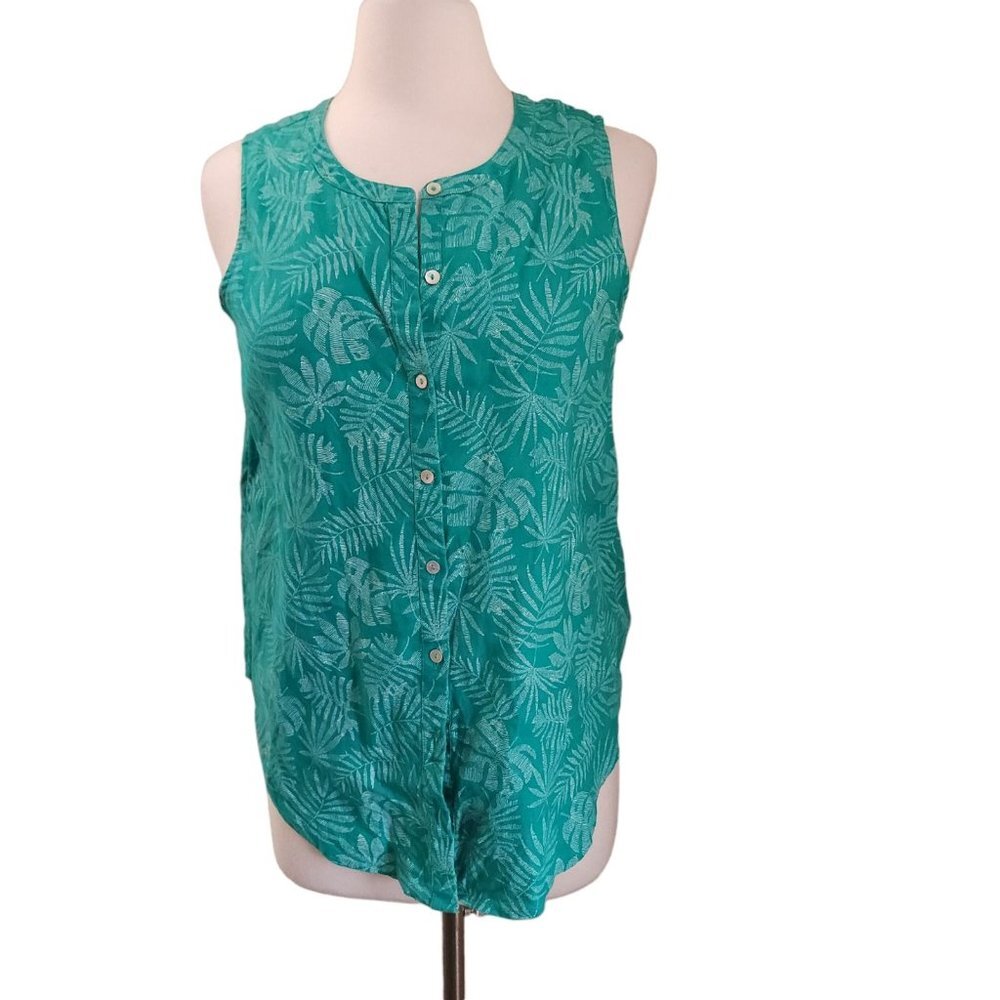 C&C California sz S 100%‎ Linen Tropical Leaf Button Top Sleeveless Blouse Green